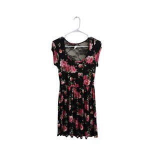 Vtg DEB Womens Med Babydoll Floral Black Dress Rose Print 90s Whimsical Grunge